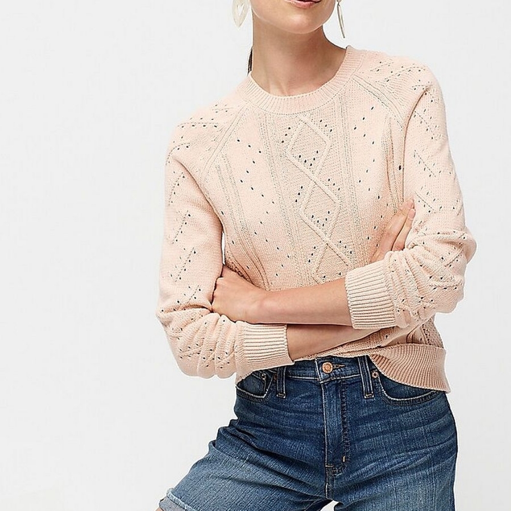 J. Crew light pink cotton cable pointelle sweater, size small